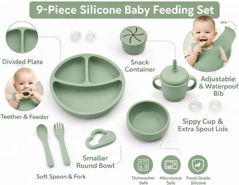 Generic 9-Piece Set Silicone Baby Feeding Divided Plate, Bib, Sippy Cup, Snack Cup, Bowl, Spoon & Fork BPA-Free