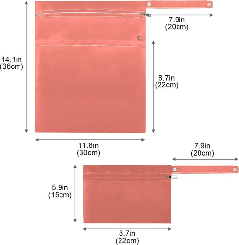 Mr.Brilliant 2 Pack Salmon Wet Dry Bags for Baby Cloth Diapers&Breast Pump Parts, Waterproof Reusable Wet Bag with Two