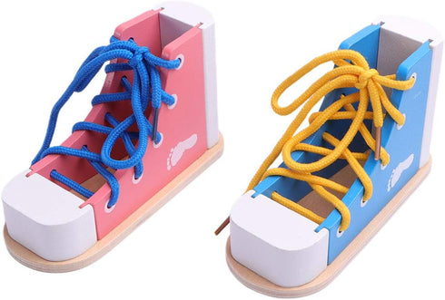 STOBOK 2pcs Wood Lacing Sneaker Tie-Up Shoe Threading Toy Montessori Educational Toys (Blue + Pink)