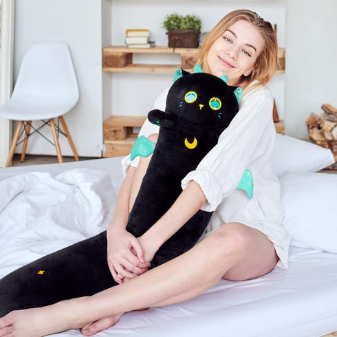 Long Cat Kawaii Body Pillow, 20” Cute Black Cat Plush Toy, Big Eyes Kitten Throw Pillow Gift