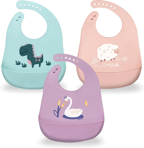 Set of 3 Silicone Baby Bibs with Food Catcher - Durable, Adjustable, BPA Free for Babies, Toddlers, Boys, Girls