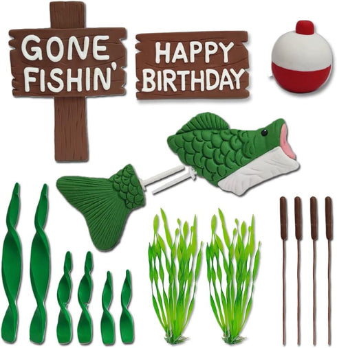 DiDida Fishing Cake Topper Gone fishing Cake with Bass Reed Happy Birthday Sign