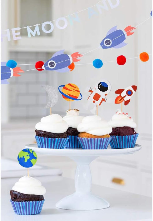 30pcs Outer Space Cupcake Toppers, Planet Party Supplies for Birthday Decorations with Rocket and Astronaut Themes