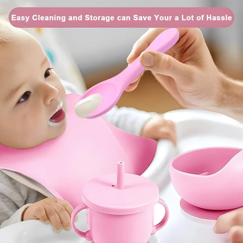 Set,Miicasa 3+ Silicone Baby Feeding Baby Led Weaning Supplies Kit With Suction Bowl & Car Plate, Bib, Spoon, Fork, Cup