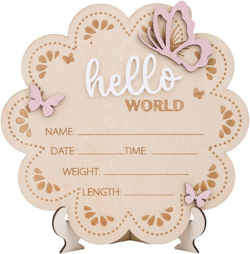 BOXOB Wooden Baby Announcement Sign, 7x6.81in Butterfly Hello World Newborn Sign Baby Name
