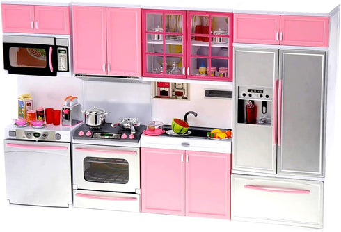 PowerTRC Mini Modern Doll Kitchen Play Set, Pink with Realistic Light & Sound for Kids