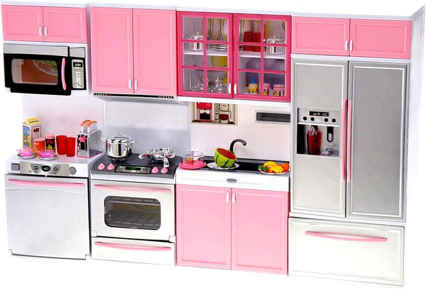 PowerTRC Mini Modern Doll Kitchen Play Set, Pink with Realistic Light & Sound for Kids