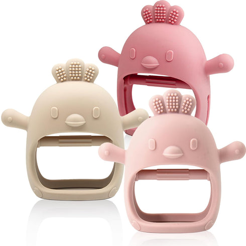 3 Packs Baby Teething Toy - Silicone Teething Mitten for Over 3 Months, BPA Free, Pink, Caramel & Coral Red