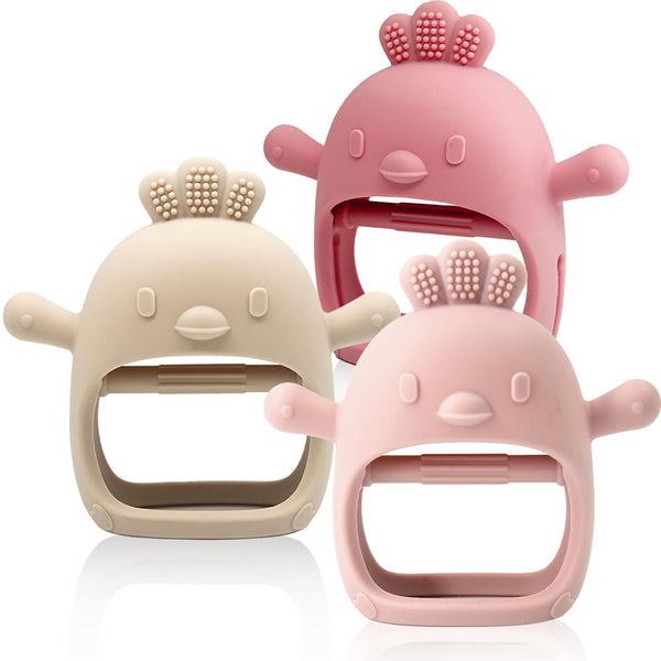 3 Packs Baby Teething Toy - Silicone Teething Mitten for Over 3 Months, BPA Free, Pink, Caramel & Coral Red