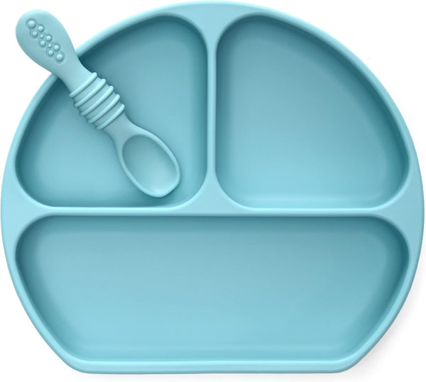 PrimaStella Unbreakable Silicone Baby & Toddler Plate and Spoon Feeding Set - Pacific Blue