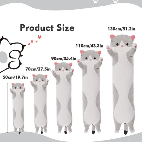 Long Cat Plush Pillow - 19.6in Cute Cat Plushie Stuffed Animals Body Pillow - Grey Kawaii Kitten Soft Plushie Doll Toy