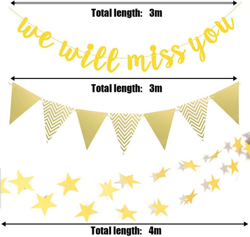 Gold Glitter Graduation Banner - We Will Miss You and Triangle Flag Banners for Farewell Party Decorations