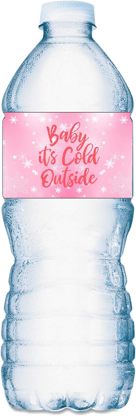 20 Baby Water Bottle Labels, Pink Its Cold Outside, Waterproof Wrappers, Baby Shower Decorations, Set of 20, Its a Girl