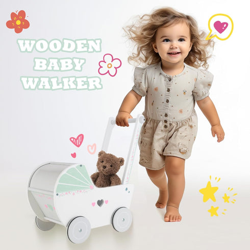 Wooden Baby Push Walker for 1 Year Old and Up, Toddler Shopping Cart Push Toys for Boys and Girls, White