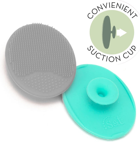 S&T INC. Exfoliating and Massaging Cradle Cap Bath Brushes for Baby, Silicone, 2 Pack in Grey and Teal