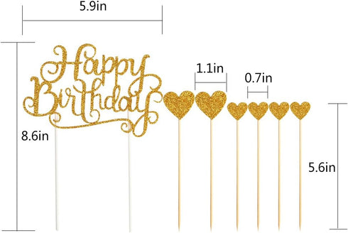 PALASASA Happy Birthday Cake Toppers Gold Glitter Letters "Happy Birthday" and Love Star, Party Decorations, Set of 7