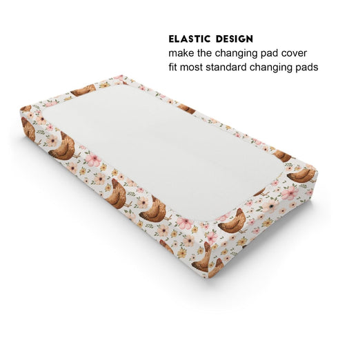 Vintage Hens Chicken Boho Floral Changing Pad Cover, Soft Stretchy Snug Fitted Baby Diaper Changing Mat Sheets 32''x16''