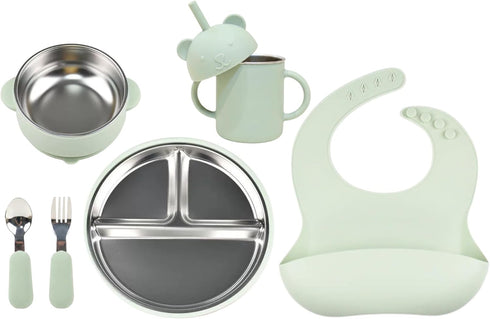 Stainless Steel Baby Feeding Set (6-Piece) Suction Plate & Bowl, Straw Cup,