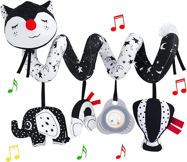 High Contrast Black and White Car Seat Toys for Infants 0-12 Months, Musical Black Fox Stroller Toys for Babies