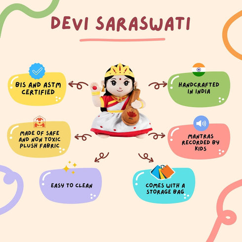 Panda's Box Mantra Chanting Devi Saraswati (11 Inches) - Musical Soft Plush Toy, Ideal Gift for Infants and Toddlers