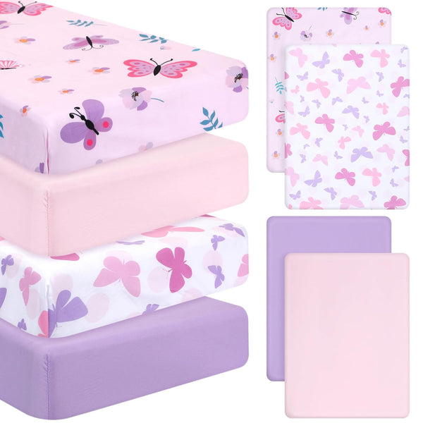 Mixweer 4 Pack Butterfly Baby Crib Sheet Set for Girls Standard Size
