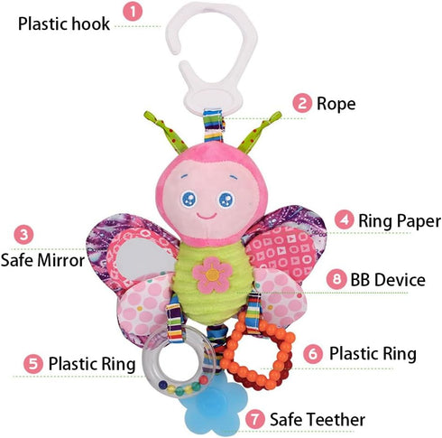 D-KINGCHY Baby Car Seat Stroller Plush Hanging Rattle Toys, Newborn Crib Bed Toy with Teether (Butterfly)