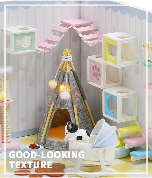 Kisoy Dollhouse Miniature with Furniture Kit, DIY 3D Wooden House Kit with Dust Cover & LED (Pet Room)
