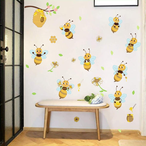 Yellow Bee Wall Stickers, Flower Beehive Branch Wall Decals Art Decor for Kids Bedroom Nursery Playroom