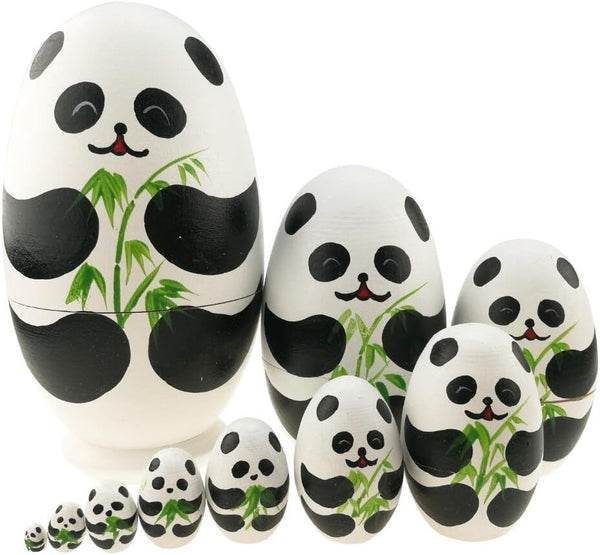 Cute Animal Theme Black and White Panda Egg Shape Wooden Nesting Dolls Set - 10 Pieces for Kids Toy