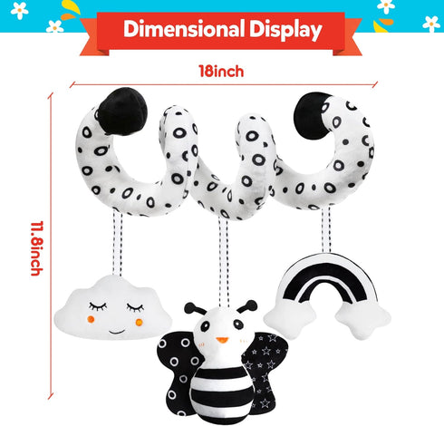 Baby Spiral Hanging Stroller and Car Seat Toys, Black and White High Contrast Sensory Toy for Newborns, Plush Activity