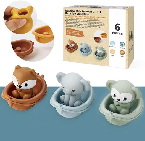 Auvitaya Baby Bath Toy Stackable Infant Bathtub Toys Stacking Floating Boat Train with Animal Finger Puppets Bath Toy