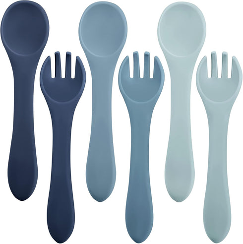 6 Pieces Silicone Baby Feeding Forks and Spoons Set for Toddlers, Mini Kids Utensils, Ocean Color, Over 6 Months