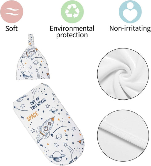 Space Baby Stuff Swaddle Blanket with Beanie Set, Soft Stretchy Cartoon Rocket Baby Receiving Blanket for Boy and Girl