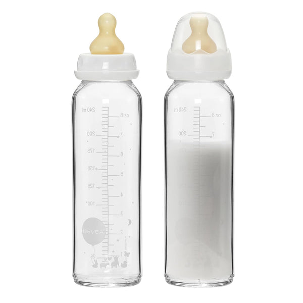 HEVEA Standard Neck Glass Baby Bottles - Natural Rubber Medium Flow Nipples