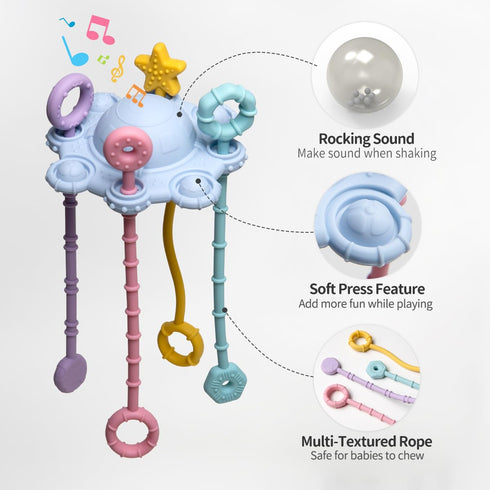 Montessori Pull String Toys for Baby, 100% Food Grade Silicone with Built-in Rattle Function, Easy to Clean (Blue)