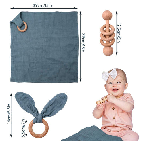 Baby Lovey, Wood Rattle, Teether Ring - 3 Pack Montessori Gift, Navy Blue Cotton, Baby Shower Gift