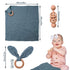 Baby Lovey, Wood Rattle, Teether Ring - 3 Pack Montessori Gift, Navy Blue Cotton, Baby Shower Gift