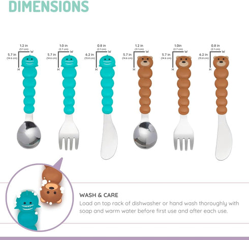 melii Toddler and Kid Feeding Spoon Fork & Knife Set, Stainless Steel – Bulldog, Cat, Shark, Bear– BPA Free, Dishwasher safe (Bear & Shark 6pc)