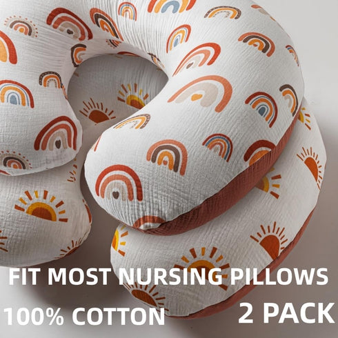 FIGEPO 2 Pack 100% Muslin Nursing Pillow Cover Cotton Boho Neutral Stretchy Removable Baby Nursing Covers
