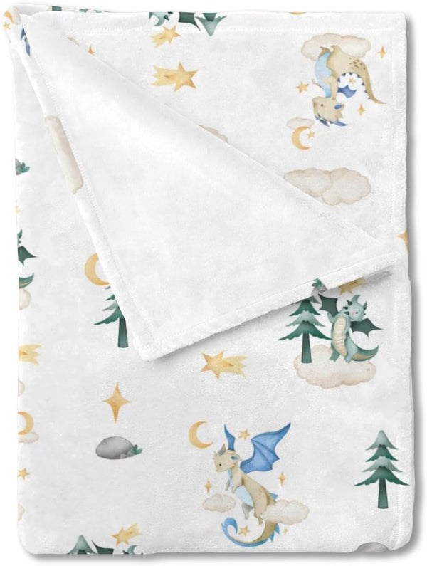 Cartoon Fairy Tale Baby Blanket, Watercolor Dragons, 30x40, Soft Flannel Swaddle for Boys and Girls
