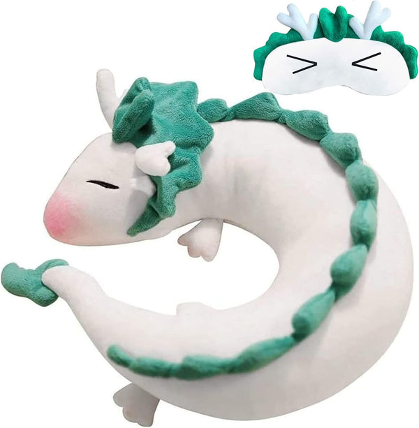 Dragon Neck Pillow - Cute Haku Anime Plush Doll Toy with Sleeping Eye Mask for Kids Travel Gift