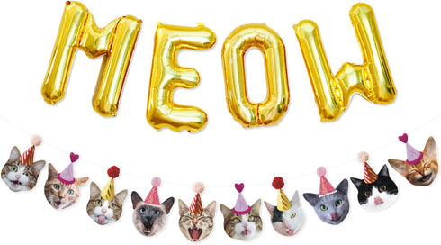 Bessmoso Funny Cat Party Garland, Meow Letter Balloons Cats Faces Banner for Cat Theme Party