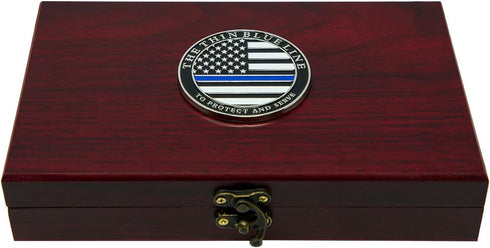 Military Gift Shop Police Officer Playing Cards & Dice in Wooden Keepsake Box - Thin Blue Line Flag