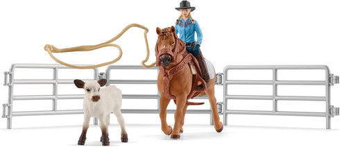 Schleich Farm World Rodeo Roping Playset - Cowgirl Rider Figurine with Cow, Pen, Rope, 9-Piece Toy