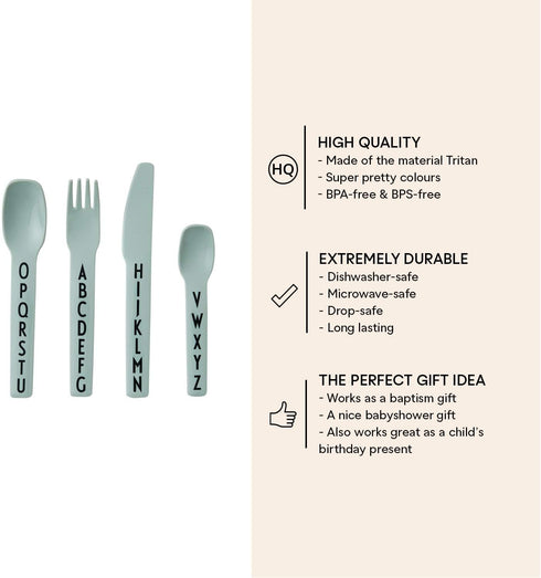 Design Letters Eat & Learn Toddler Fork, Knife & Spoon Set - 4 Design in Denmark, BPA/BPS Free, Green