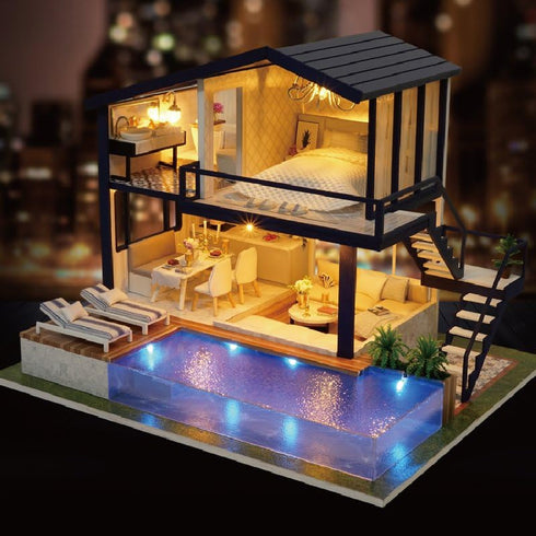 Swimming CUTEROOM Miniature House Kit, DIY Dollhouse Kit for Adults to Build, Mini House Making Kit with Furnitures