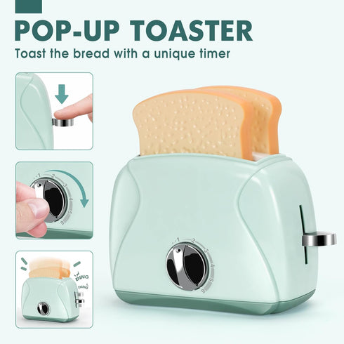 Pretend Play Kitchen Appliances Toy Set with Coffee Maker, Mixer, Toaster, Blender, and Accessories for Kids