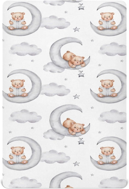 XLIANBIN Teddy Bears Fitted Crib Sheets Watercolor Moon Star Clouds Grey Soft and