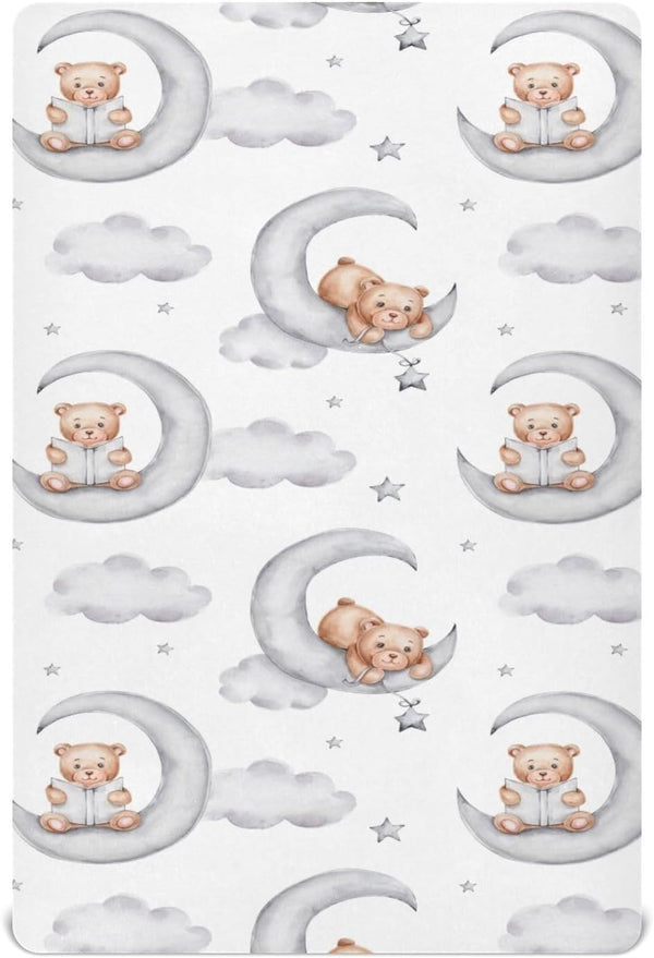 XLIANBIN Teddy Bears Fitted Crib Sheets Watercolor Moon Star Clouds Grey Soft and