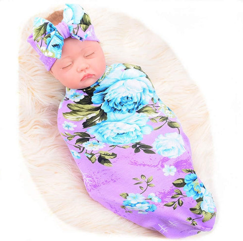 Galabloomer Newborn Baby Sleep Receiving Blanket and Bow Headband Set, Baby Swaddle Blanket